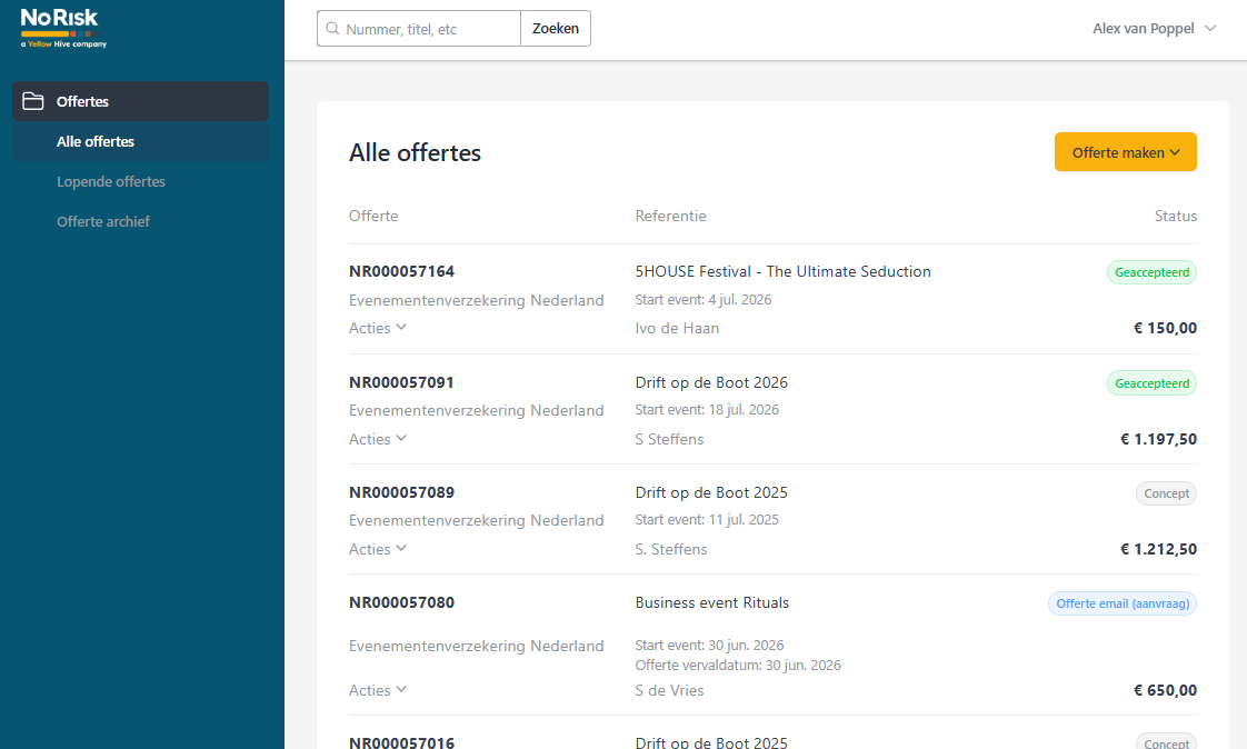 Screenshot of the No Risk agent portal