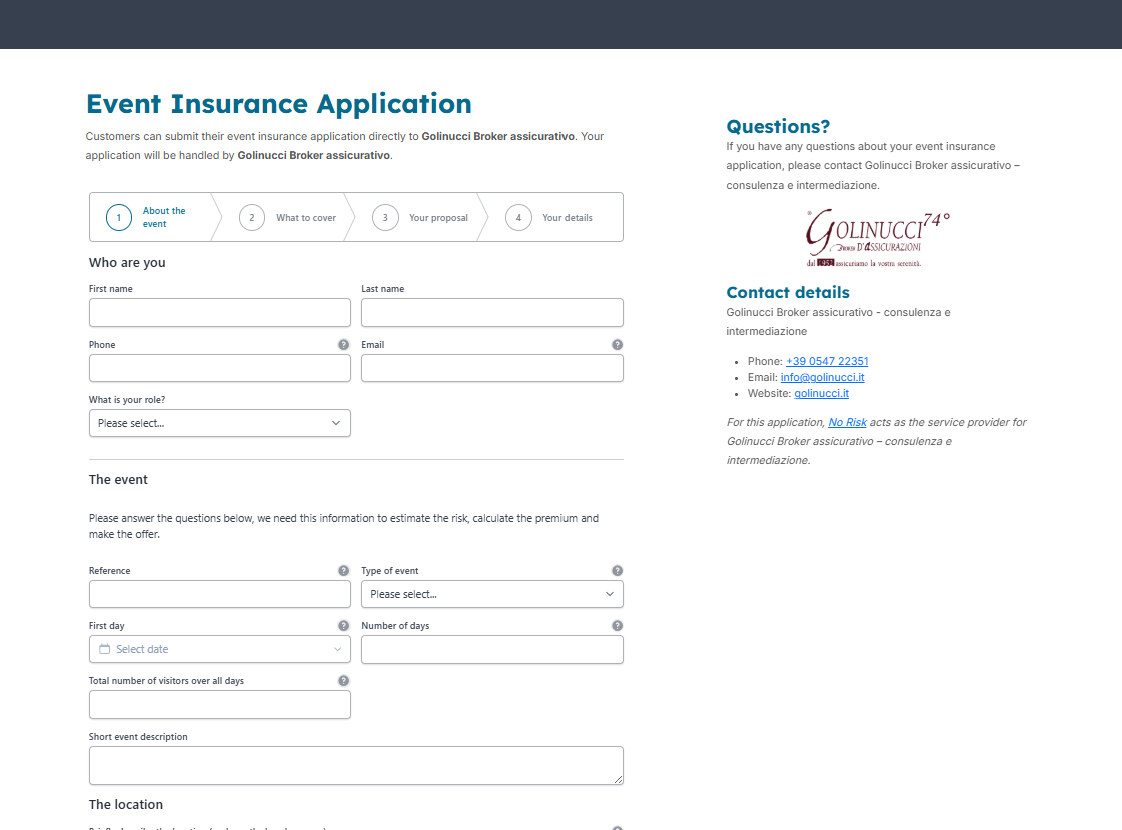 Screenshot of the No Risk event insurance application route